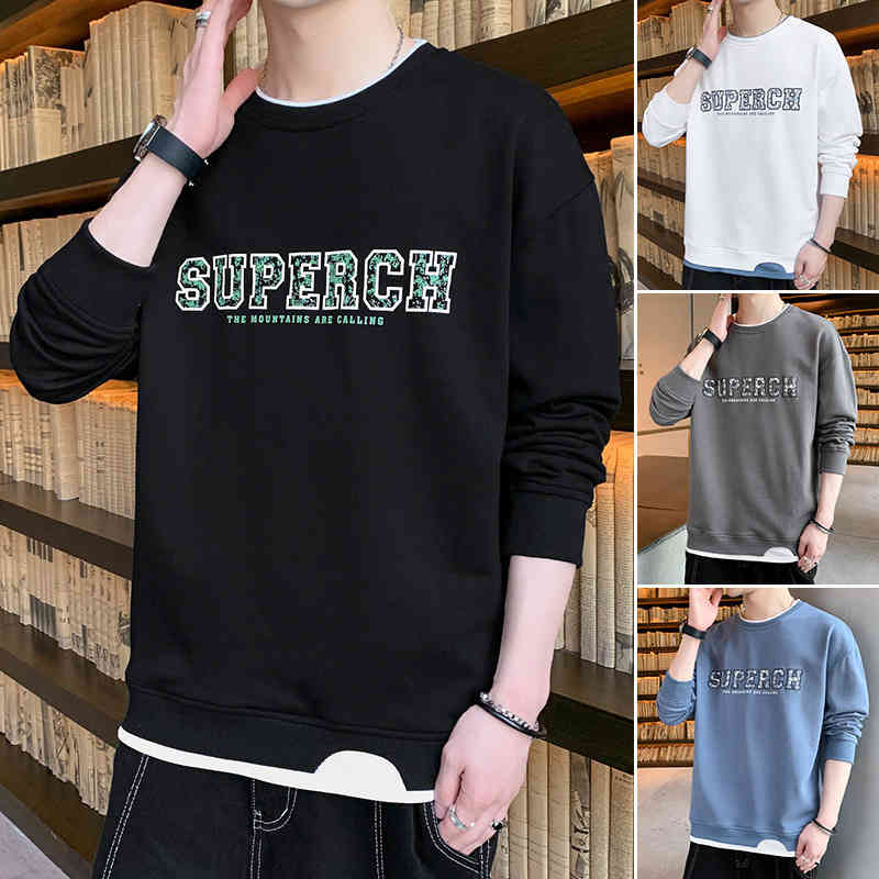 

Men's Sweater 2022 New Spring and Autumn Leisure Men's Tide Brand Ins Trend Fake Two-piece Loose Bottomed Shirt, 6897 sea blue