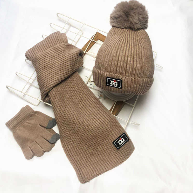 

Winter Solid Color Outdoor Baby Knitted Scarves Hats Gloves Sets Boys Girls Warm Kids Accessories 3-8Y, Beige-one size