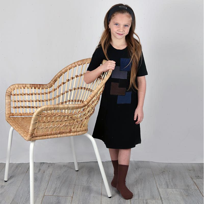 

Girls Dress Summer Short Sleeve And Long Kids Clothes Girl Dresses Children Clothing Black Denim Patch Round Neck