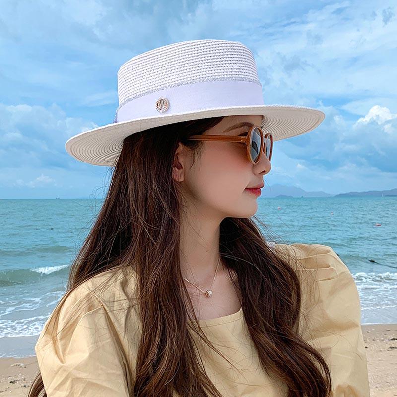 

Wide Brim Hats High Quality Summer Elegant Retro Women Flat Top Straw Hat Panama Sun Pearl Rhinestone Breathable Travel Beach CapWide, Beige
