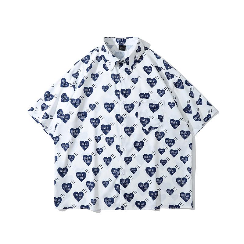 

Men's Casual Shirts Summer Vintage Love Printed Short Sleeved Shirt Men's Fashion Hip Hop Loose And Versatile Couple ShirtMen's, Red