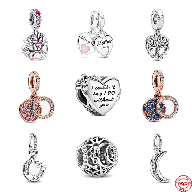 925 Sterling Silver Dangle Charm New Blue Green Pink Heart Family Tree Openwork Sun Stars Beads Bead Fit Charms Bracelet DIY Jewelry Accessories