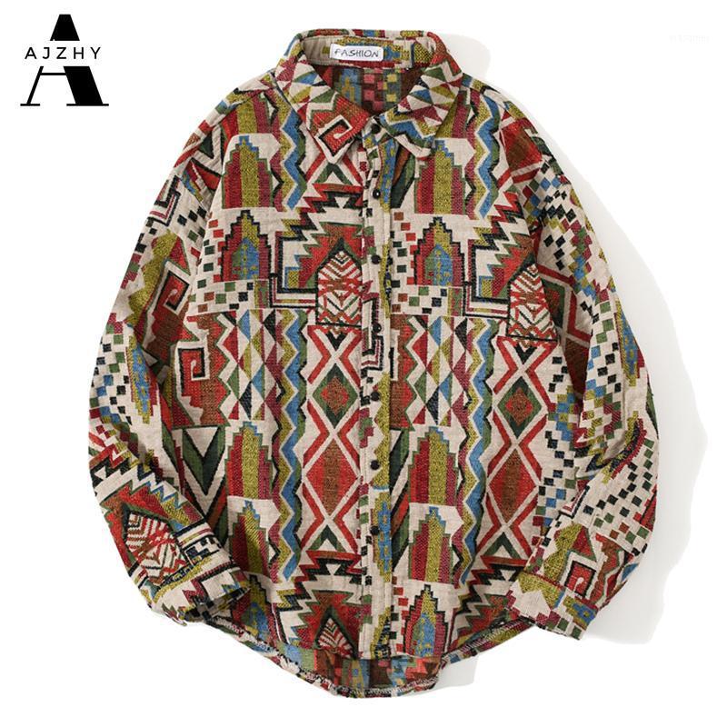 

Men's Casual Shirts AJZHY National Style Knitted Geometric Patterns Color Block Button Harajuku Long Sleeve Tees Tops Streetwear Shirt, Yellow