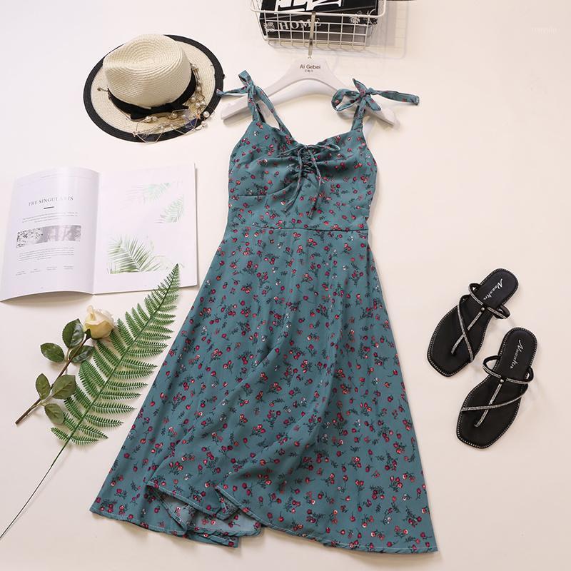 

Summer 9 Color Women Dress Fashion Sexy Sleeveless Floral Drawstring Halter Sling Thin A-line Beach Casual Dresses, Sent at random