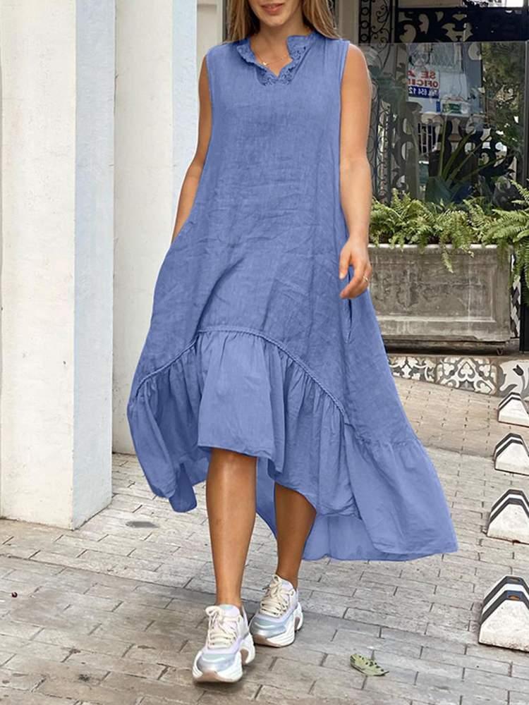 

Casual Dresses 2022 Summer Dress Women Vintage Asymmetrical Lace Maxi Long Beach Robe Vestido Holiday Ruffled SundressCasual, Blue