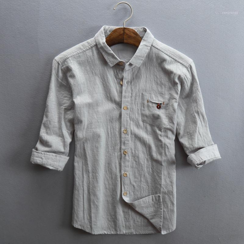 

Mens Three Quarter Linen Turn Down Collar Pocket Slim Fit Cotton Summer Shirts Men Casual Tops Clothing Male White Men's, Dark blue