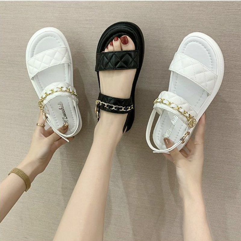

Leisure Summer Women Sandals Solid Fashion Buckle Strap Back Strap Wedges Word Deduction Chain Med (3cm-5cm) Thick Bottom CX220402, Black