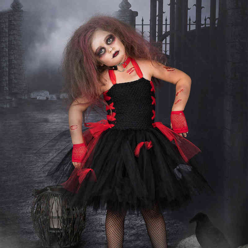 

Scary Zombie Kids Halloween Come Set Black Red Vampire Girls Tutu Dress Halloween Children Clothing Tulle Dresses L220715, 3pcs set