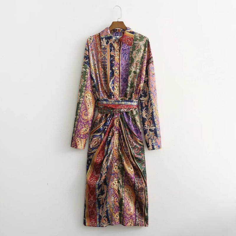 

Casual Dresses Women Vintage Patchwork Printing Sashes Shirt Dress Female Long Sleeve Clothes Lady Loose Vestido D8750, As pic