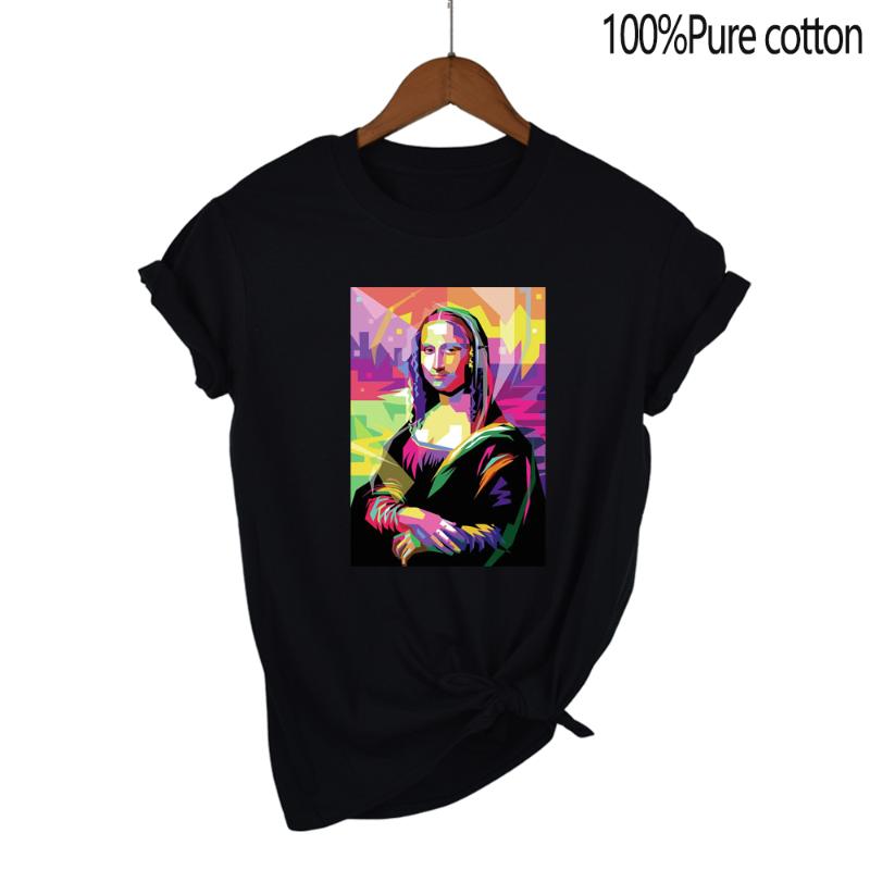

Women's T-Shirt Mona Lisa Abstract Print Cotton European And American Style Cross-border Harajuku Street Fashion Brand Hong Kong S, Blue
