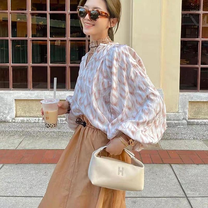 

Women's Blouses & Shirts Women V-Neck Floral Print Blouse 2022 Early Autumn Long Lantern Sleeve Loose Ladies Causal Shirt And Tops, Pink