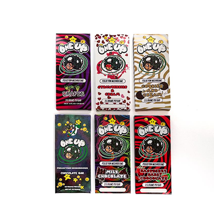 

Packing empty Boxes one up milk chocolate bar vegan 3.5 grams per bars oneup strawberries cream wrappers packaging pack package box