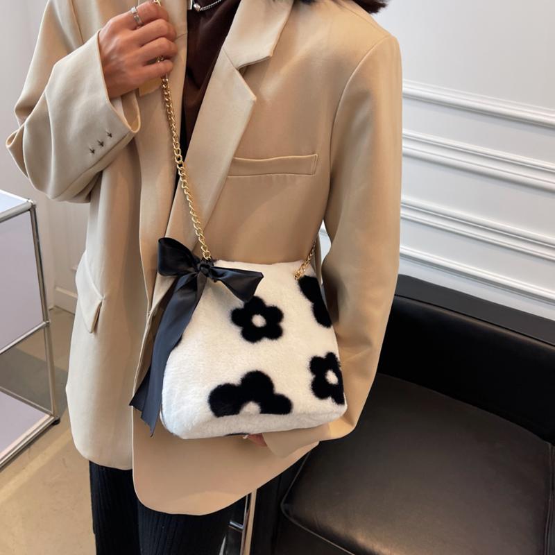 

Evening Bags Leopard Flower Print Bowknot Shoulder Bag Women Vintage Casual Chain Underarm Winter Plush Girls Female Square, White