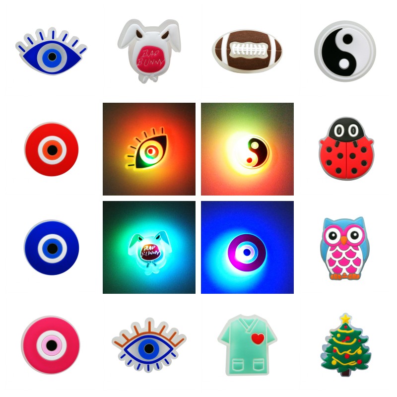 

MOQ 10PCS Available styles LED Light Sparkle croc JIBZ charms Flashing shoe buckles decorations Luminous shoe parts accessories charm fit kids sandals wristband