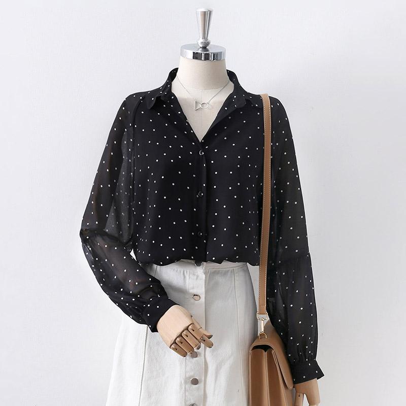 

Women' Blouses & Shirts Black Polka Dot Chiffon Women Summer Design 2022 Turn-Down Long-Sleeved Elegant Office Lady Outwear Coats TopsWomen
