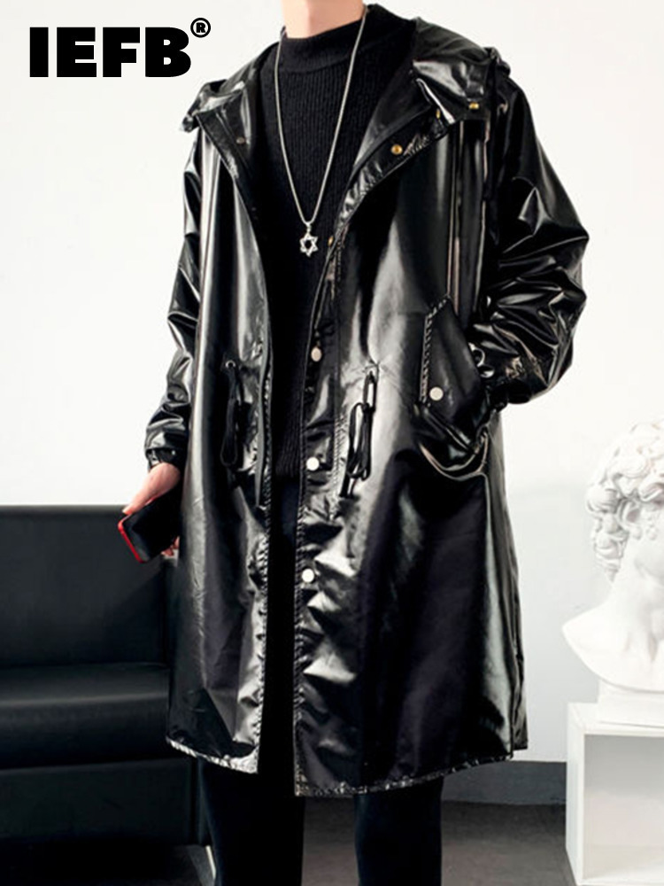 

Men's Trench Coats IEFB Autumn Windbreaker Men's Coat Medium Long Bright Fashion Single Breasted With Hat Long Sleeve Male Tops 9A4524 220826, Black