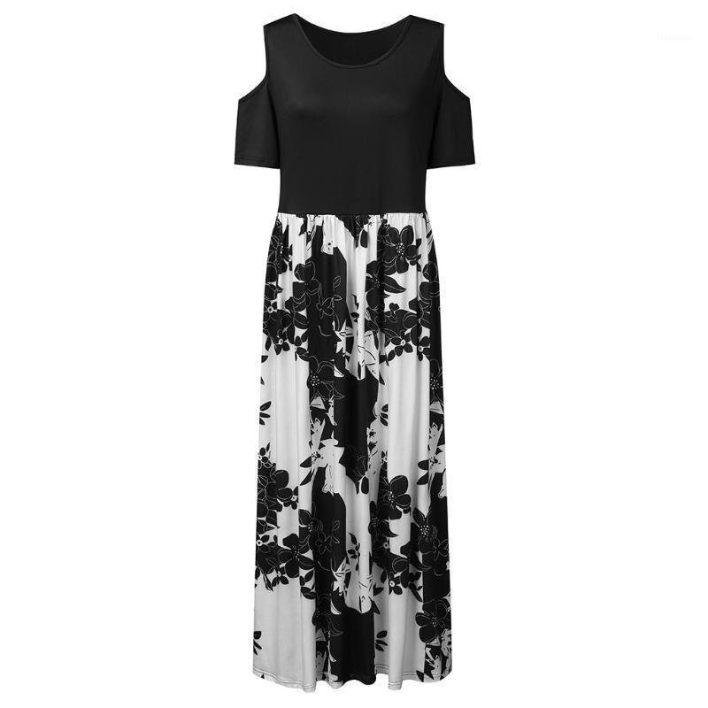 

Casual Dresses Bohemian Short Sleeve Cold Shoulder Beach Dress Elegant Fashion O Neck High Waist Tie Dye Flower Print Long Sundress Robes, Red