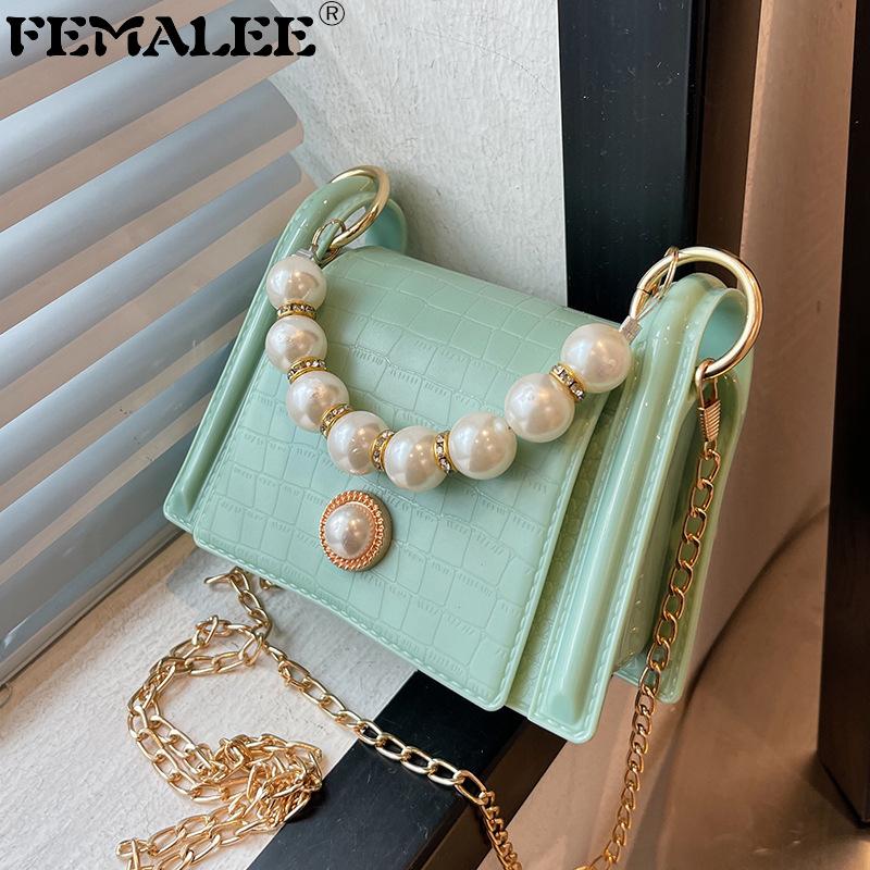 

Shoulder Bags Women Trapezoid MiNi Stone Pattern Crocodile Handbag Small Pearl Flap Female Crossbody PVC Jelly PursesShoulder, Black
