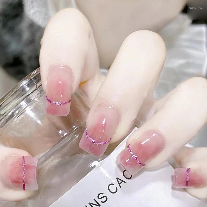 

False Nails 24PCS/Box Gradients Color Design Artificial With Glue Jelly Acrylic Fake Long Ballet Stick On Nail Press Prud22, Pink