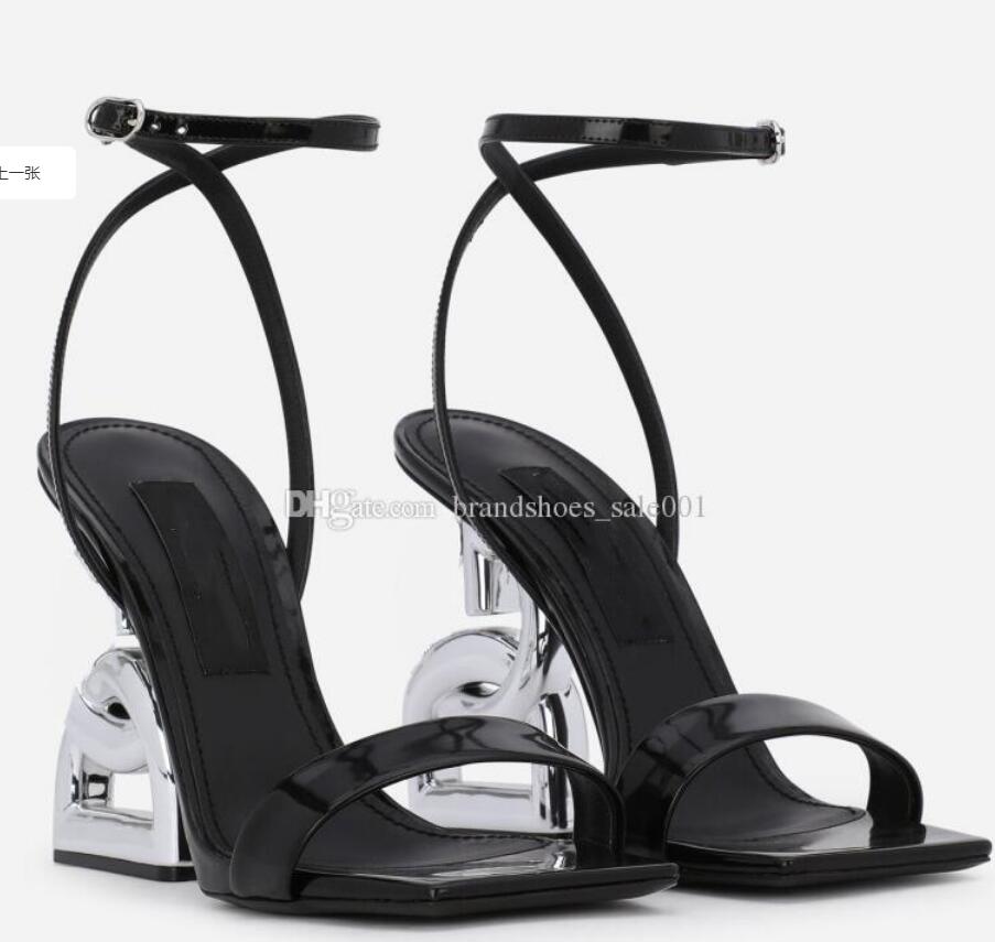 

Summer Luxury Brands Patent Leather Sandals Shoes Pop Heel Silver-plated Carbon Black White Pumps Gladiator Sandalias With Box