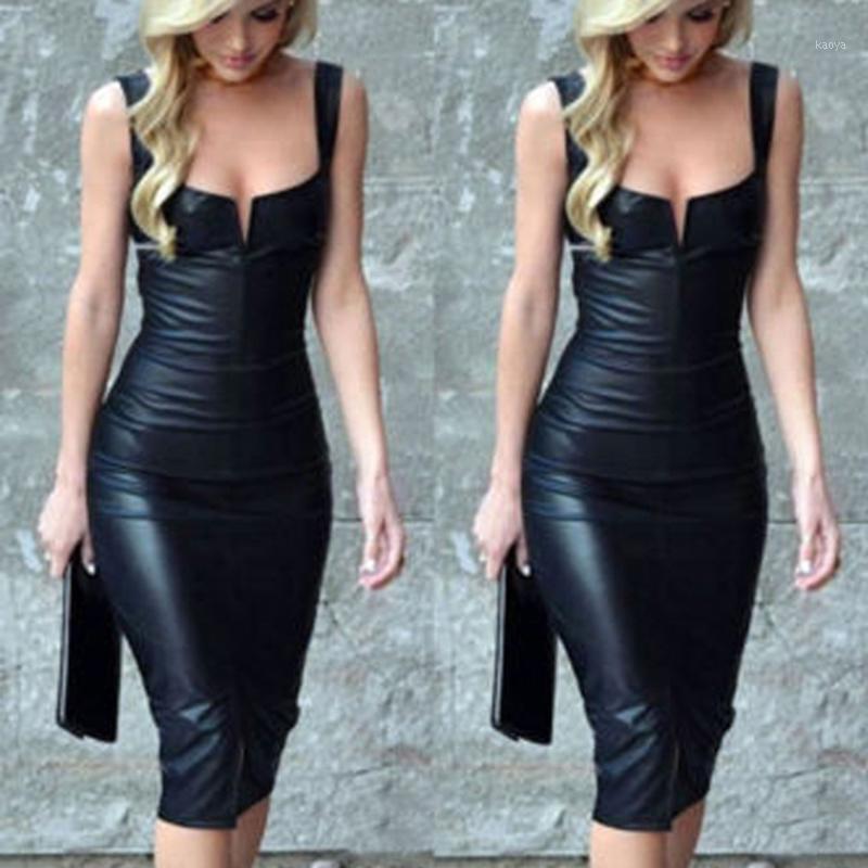 

35# Sexy Leather Dress Women Bandage Bodycon Sleeveless Club Evening Dresses Fashion Night Party Vestido De Mujer Casual, Bk