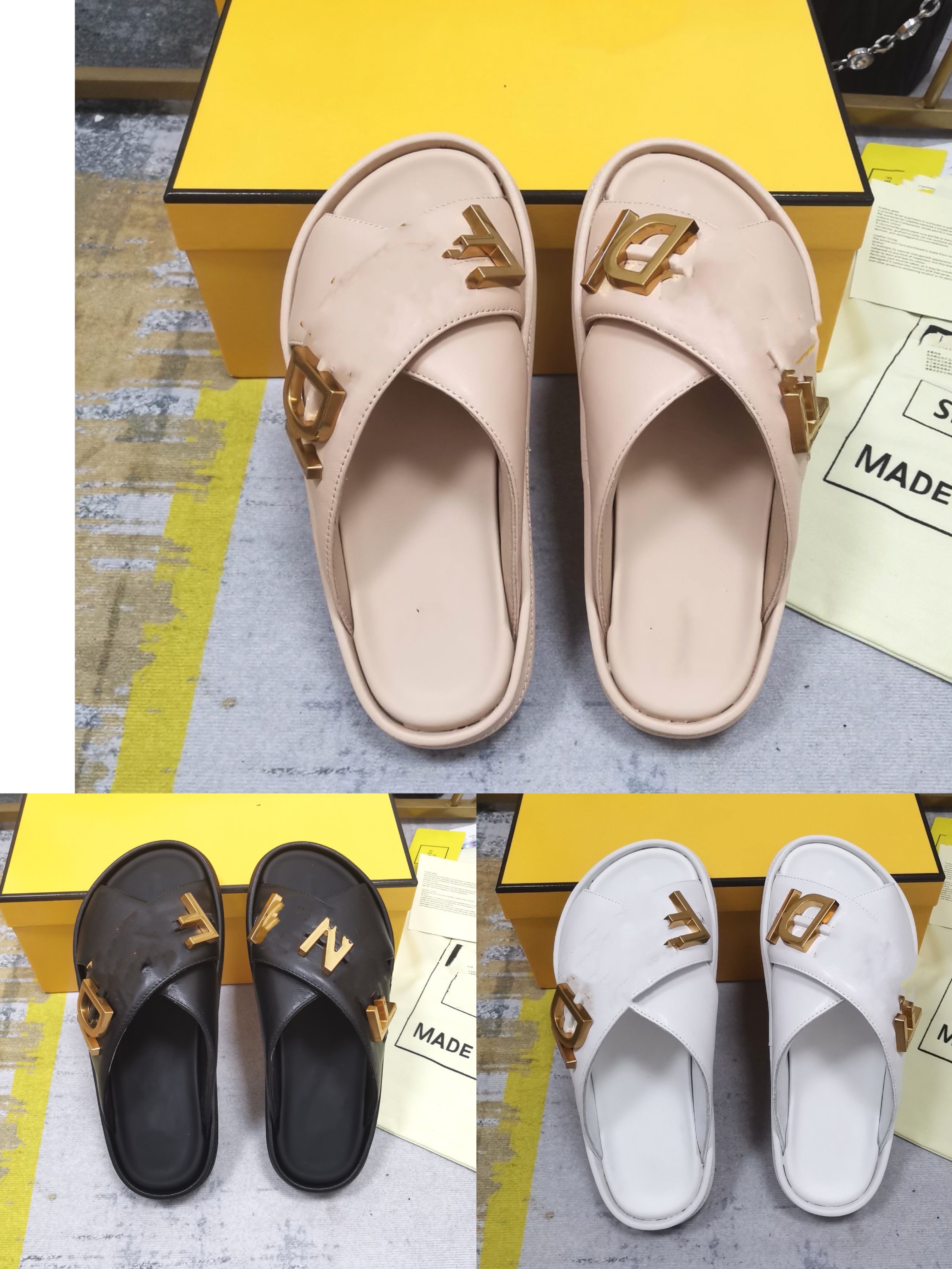 2022 Nouvelle croix large bande en noir et blanc ganters de cuir kaki mocassins de sandales pour femmes chaussures muller supérieures avec chauss