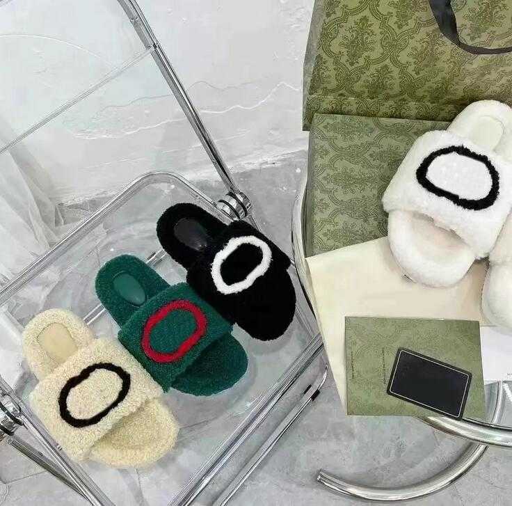 

Designer Luxury Ladies Flat Slippers Premium Wool Ladies Classic Sandals Plush Green White Casual Wearproof Sandal Fashion Warm Women's, Box