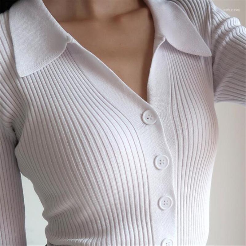 

Women's Knits & Tees Korea Retro Sweater Tops 2022 Autumn Single-Breasted Collar Knitted Shirts Female Long Sleeve Striped Solid Crop T Perf, White