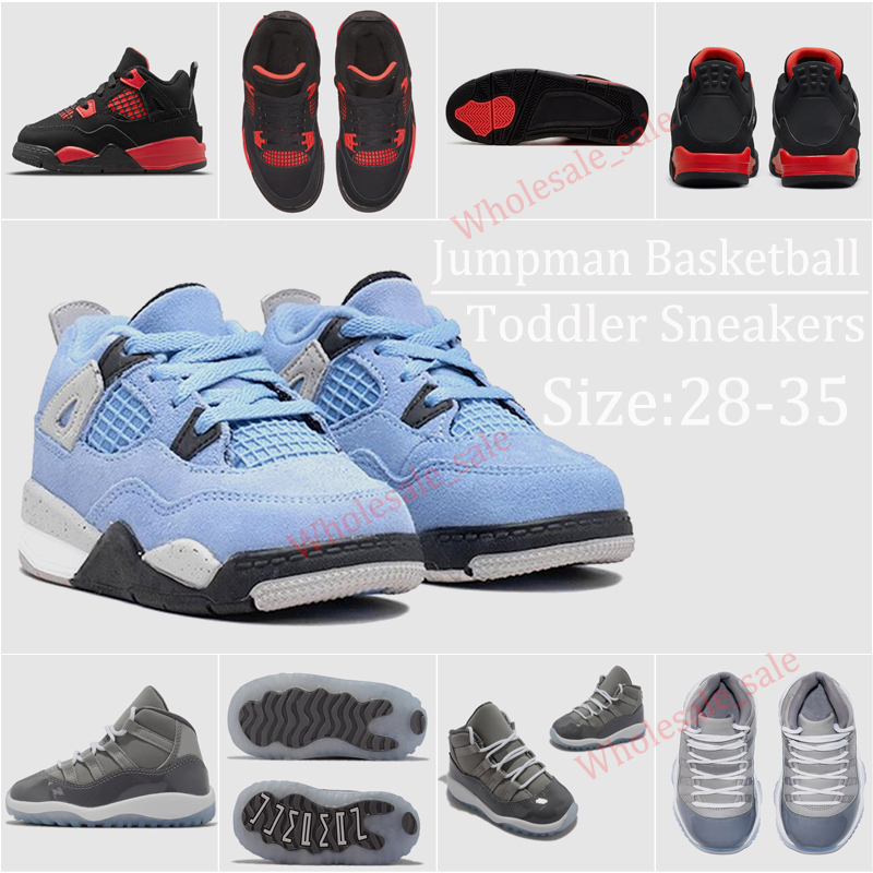 

11s Cool Grey Kids Baketball Shoes Red Thunder 4s University Blue 4 Fashion Designer Big Boys Girls Toddler Sneakers Children Trainers With Box Keychain Tag, University blue toddler 28-35