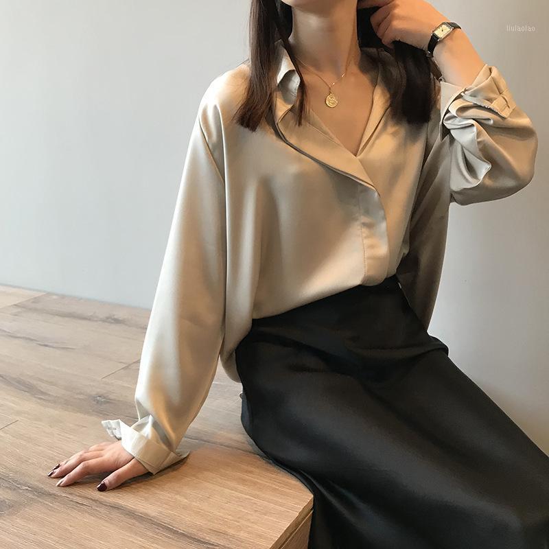 

Women' Blouses & Shirts 2022 Spring Autumn Women Pullover Fuax Silk Blouse Korean Long Sleeve Womens Tops And Vintage Chiffon, Green