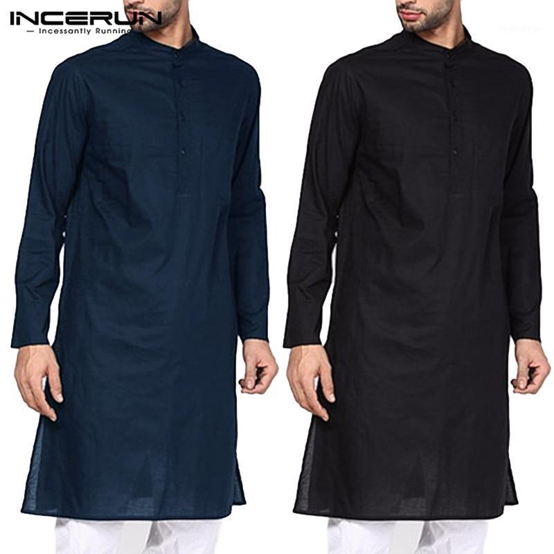 

Men Clothes Suits Shirt Robe Long Sleeve Male Loose Stand Collar Islamic Camisa Hombre, Black