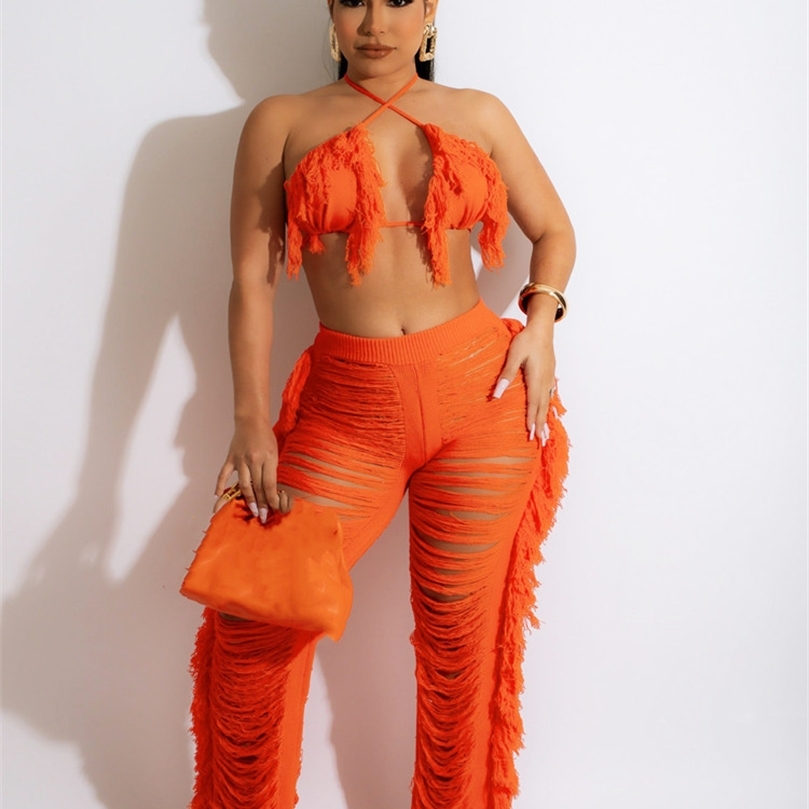 JRRY Sexy Femmes Tricoté Ensemble Deux Pièces Ensemble Halter Dos Nu Soutien-Gorge Haut Pantalon Au Crochet 2 Pièces Ensemble Évider Crochet Beac