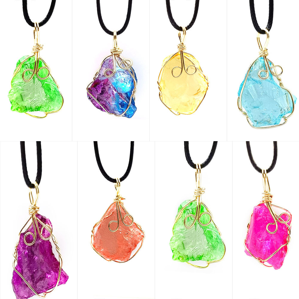 

Irregular Electroplating color Natural Crystal Pendant Druzy Druse Wire Wrap Stone Necklace for women