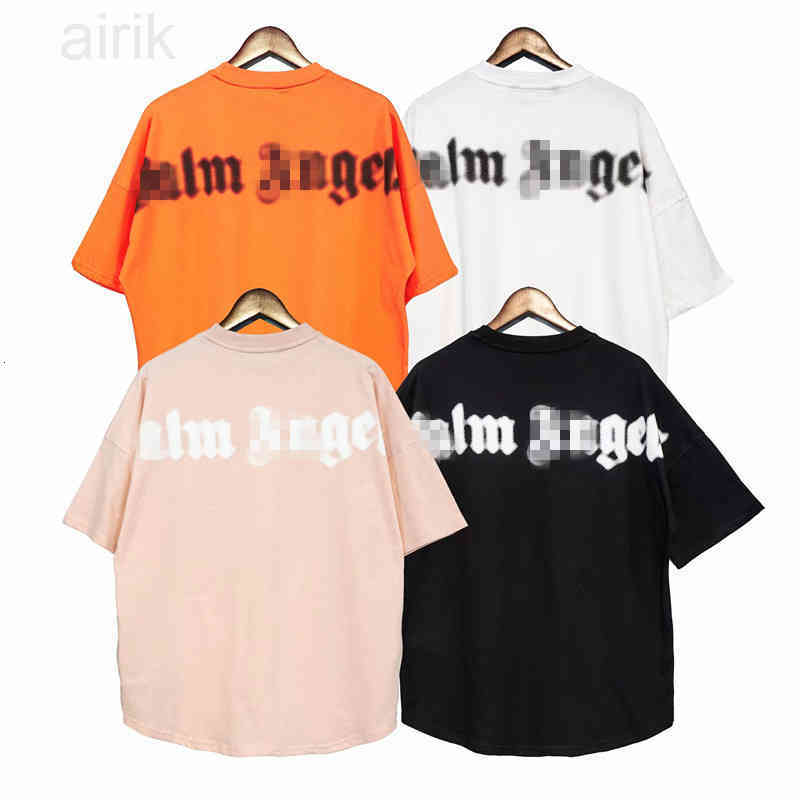 

Chao Brand Palms Angels Back Fuzzy Letter Short Sleeve T-shirt for Men and Women Loose Half, Blush