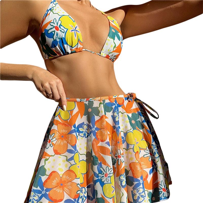 

Women' Swimwear Women Bikini Set Flower Print Lacing Bra Briefs With Tie Skirt Summer Bathing SwimsuitWomen, As pic