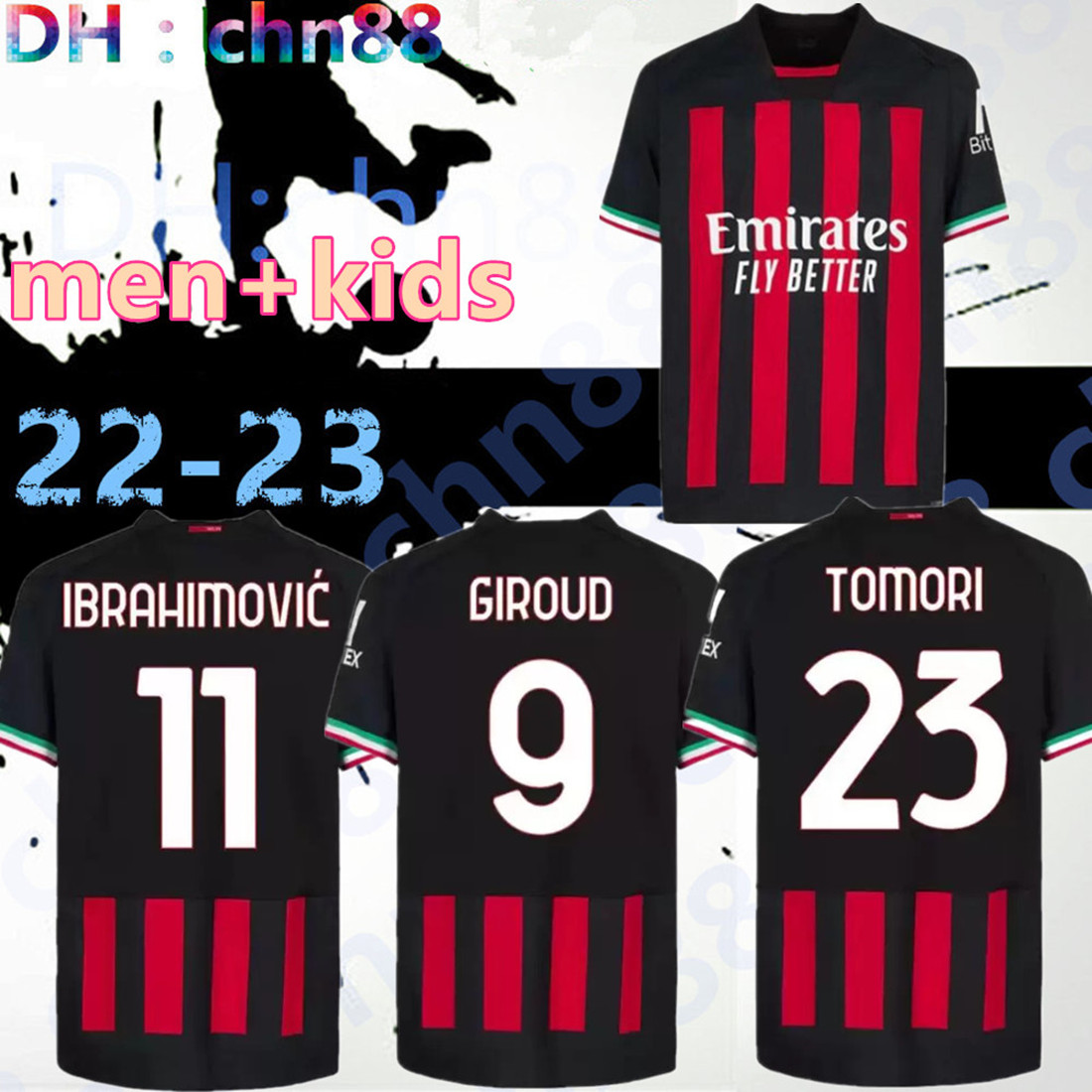 

IBRAHIMOVIC 21 22 23 soccer jersey AC MILANS GIROUD R. LEAO BENNACER KESSIE ROMAGNOLI CALHANOGLU TONALI REBIC 2021 2022 2023 football shirt maillot men kids kit away, 22-23 home kit+socks