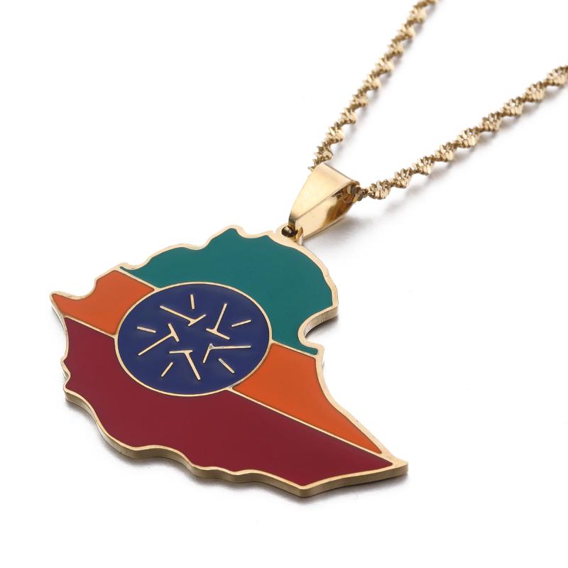 

Chains Silver Plated Ethiopia Map Flag Pendant Necklaces For Women Men Gold Color Ethiopian Jewelry Patriotic Gift