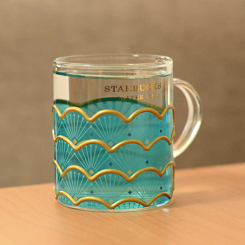 Starbucks new Korean blue hand painted Mermaid shell glass fish scale coffee cup 355ml Mug-image-759533765