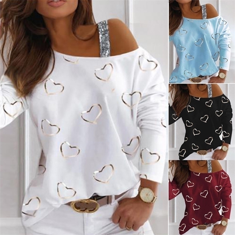 

Autumn Winter Women Sequined Print Shirts Sexy Plus Size Fashion Loose Off Shoulder Casual Round Neck Long Sleeve Top Streewear 220402, Black love