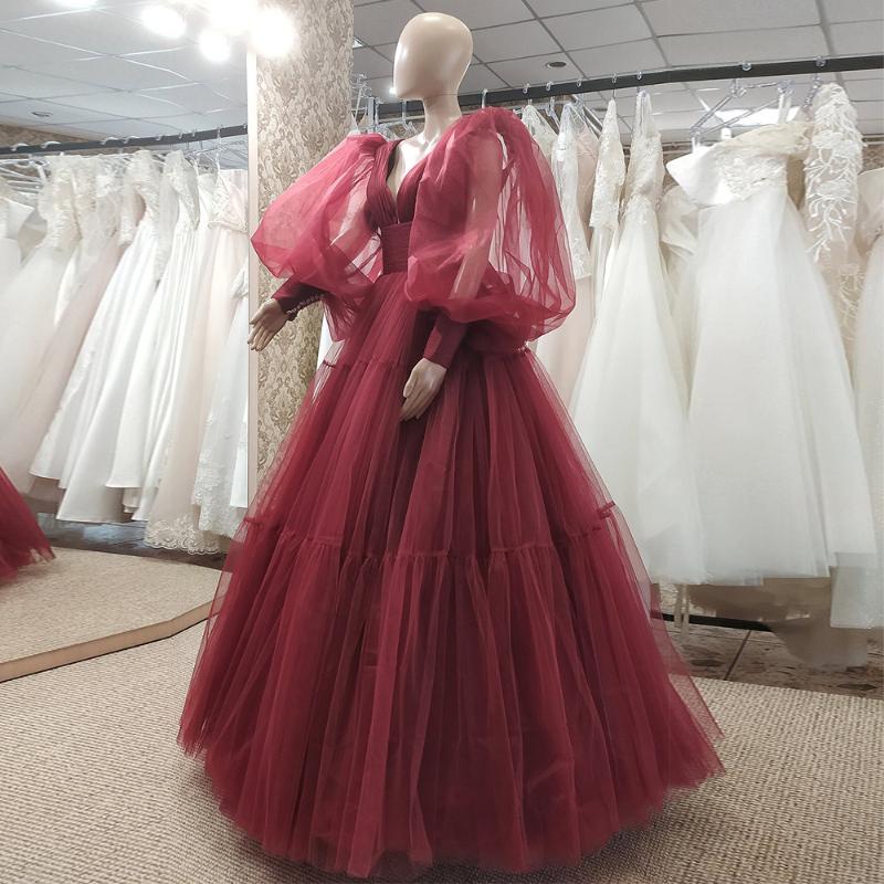 

Party Dresses Burgundy Prom A Line Long Sleeves PromDress Women Pleated Tulle Formal Evening Gown Custom MadeParty, Blue