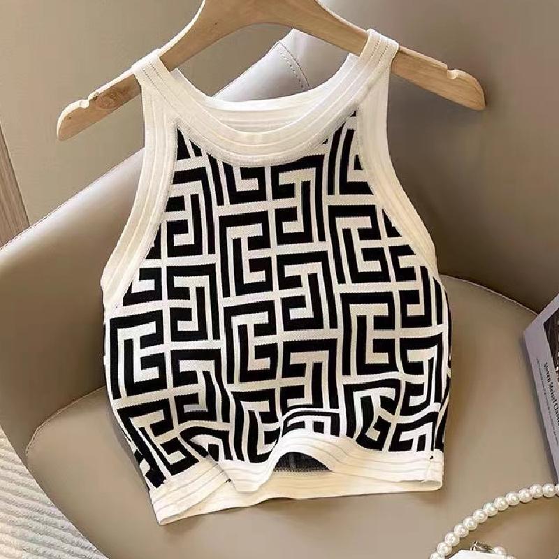 

Women' T-Shirt Brand Design Maze Pattern Round Neck Short Sleeve Vest Spring / Summer 2022 Suspender Graphic White Off Shoulder TopWomen, Black