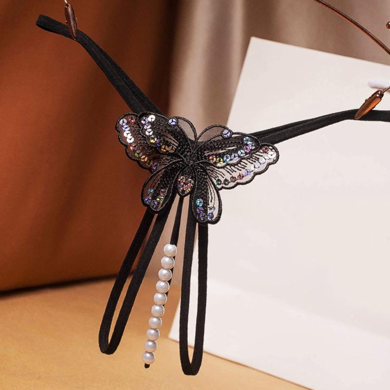 

Open Crotch Butterfly Thong Women Sexy Exotic Panties Embroidery Pearl Beading Hollow Out G-strings Underwear Tangas Mujer Vkaeb, Blue