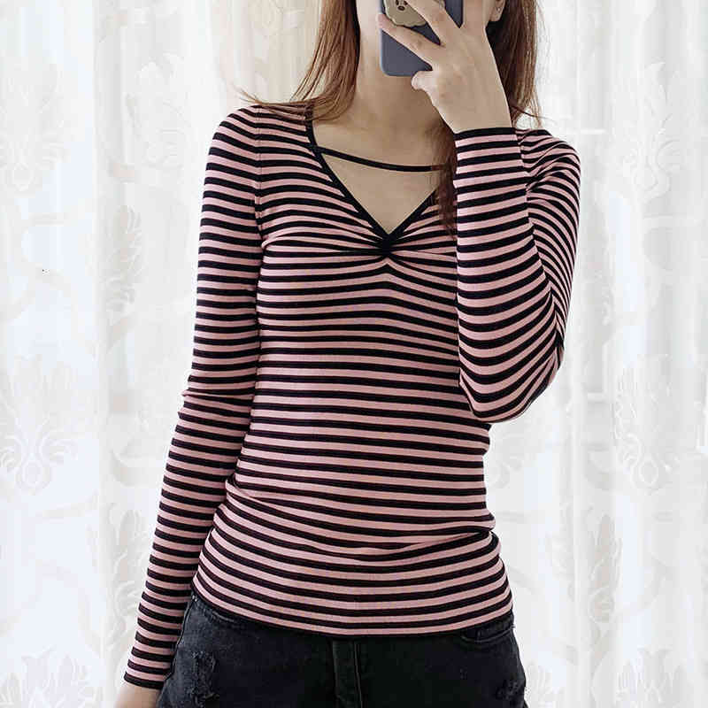Women's Polos Low V-neck Tencel pink black stripe cool long sleeve sexy women's top striped sweater in spring, summer and Autumn DNSZ