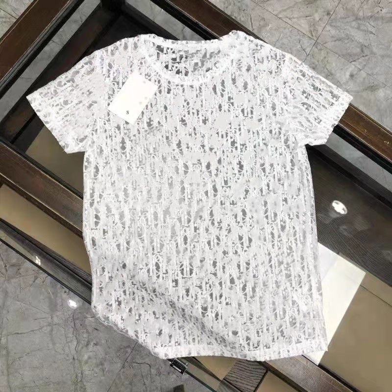 

Designer Mens Womens See-through T Shirts luxurys summer Lace 3D print letters French Fashion T-shirt Tees Street Short Sleeve t shirt transfers white black hollow out, Black-short sleeve