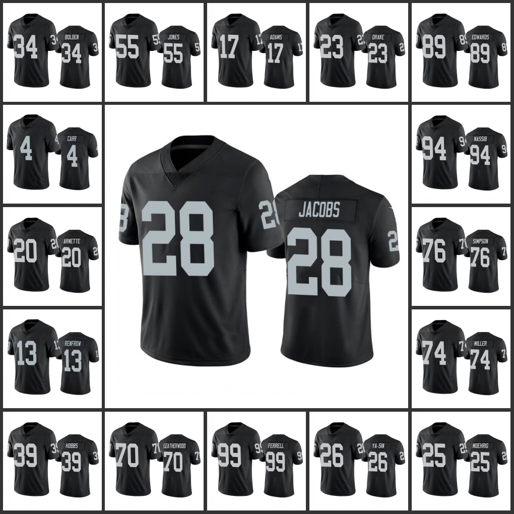 

Las Vegas''Raiders''Men #4 Derek Carr 28 Josh Jacobs 20 Damon Arnette 13 Hunter Renfrow 70 Alex Leatherwood Women Youth Custom Black Vapor Limited Jersey