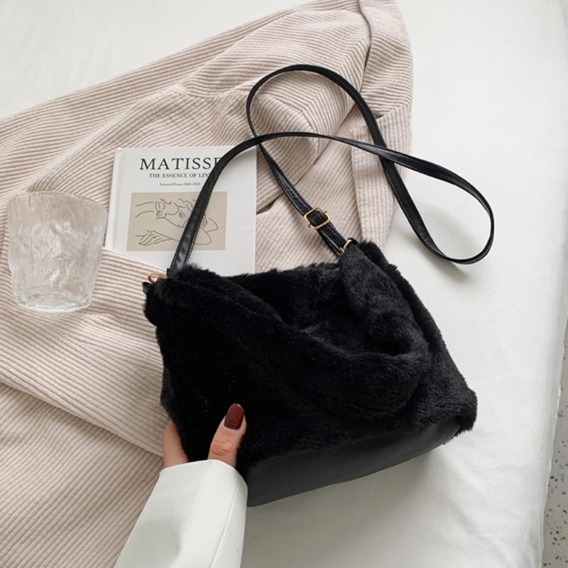 

Evening Bags Women Shoulder Bag Vintage Plush Solid Color Crossbody Hobos Messenger For Shopping, Black