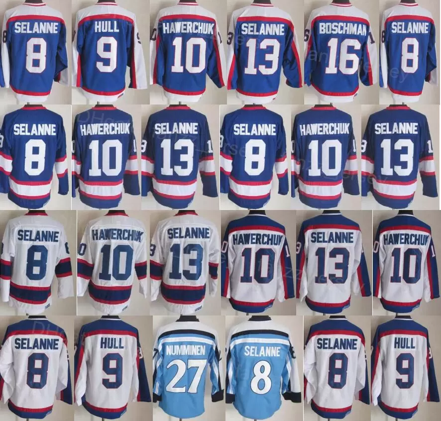 

Men Retro Ice Hockey Vintage 9 Bobby Hull Jersey 13 Teemu Selanne 27 Teppo Numminen 10 Dale Hawerchuk 16 Laurie Boschman Sewing Navy Blue Wh, 10 white
