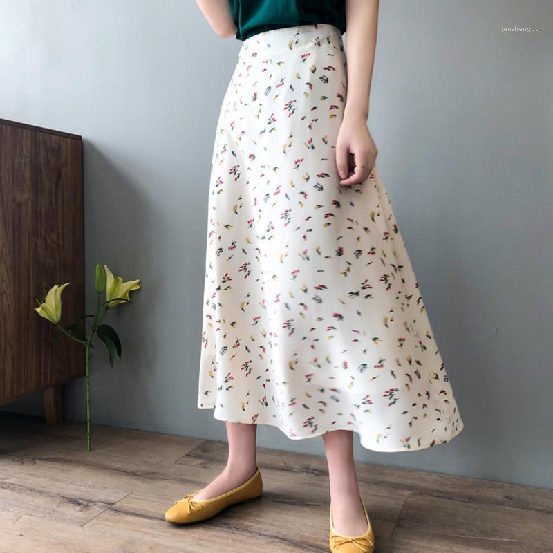 

Spring Floral Print Women Skirts High Waist Casual Chiffon Woman A-line Skirt Elegant Chic Lady Long