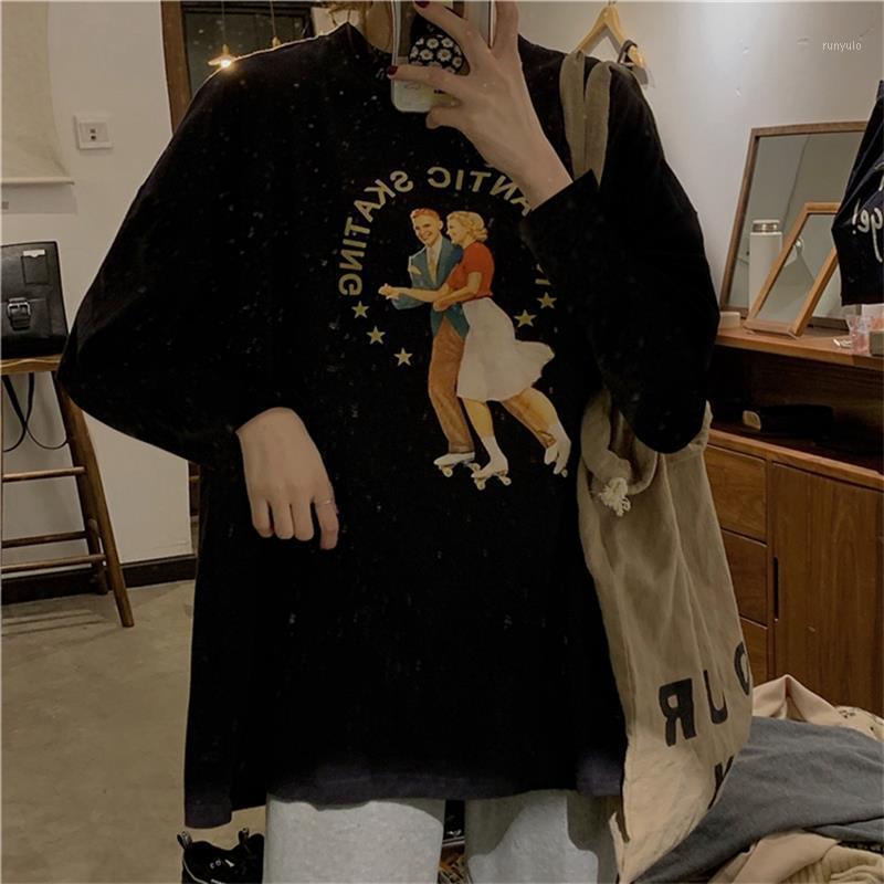 

Women's T-Shirt Graphic Print Retro T Shirt Y2K Long Sleeve Vintage Tee Oversize T-shirts Clothes O-neck Loose All-match Winter Tops Femme, Black