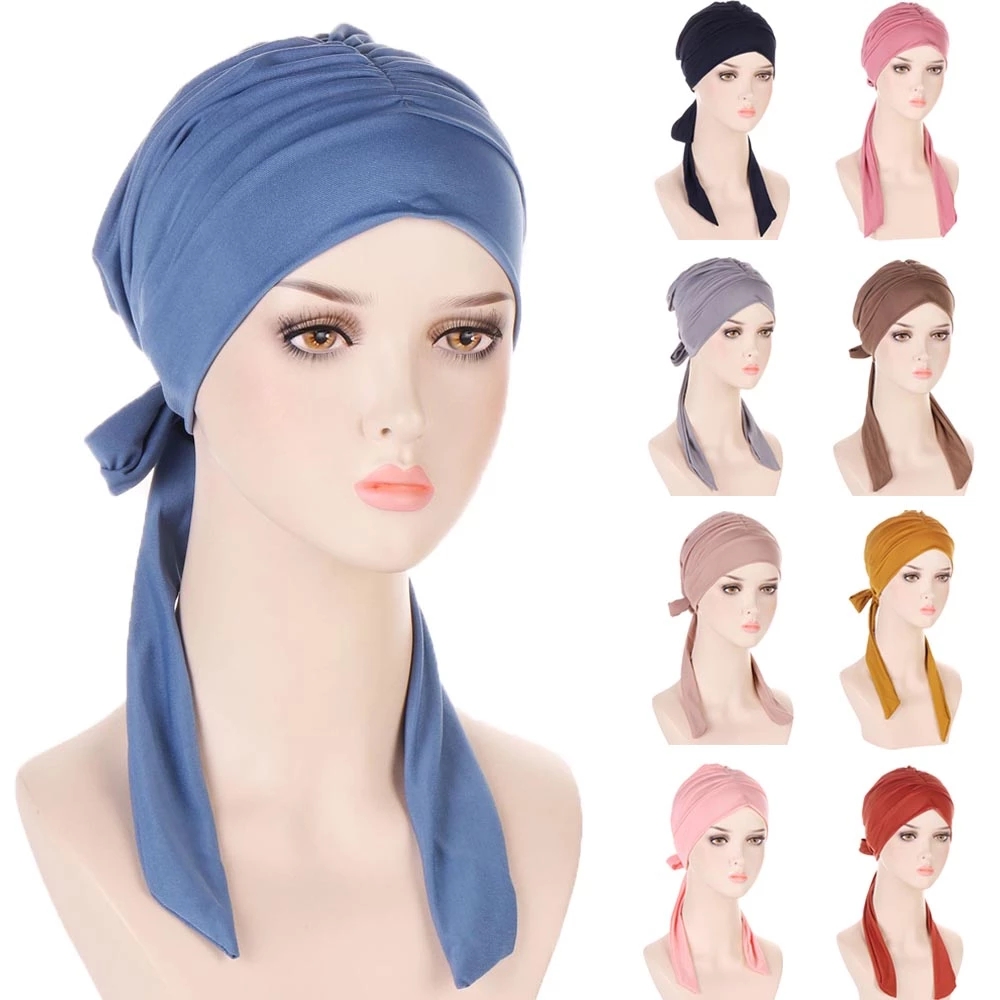 

Pre-Tied Muslim Women Inner Caps Stretch Hijabs Long Tail Bow Head Scarf Chemo Cancer Turban Femme Hair Loss Cap Headwrap Cover, Mixed color